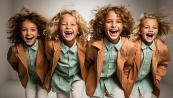 AI generated Group of children playing, smiling, and looking at camera happily generated by AI photo