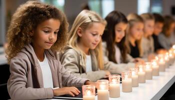 ai generado sonriente muchachas y Niños estudiando, unión en alegre salón de clases generado por ai foto