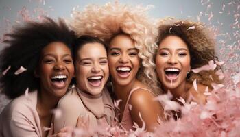 AI generated Smiling women enjoy cheerful party, laughter and friendship generated by AI photo