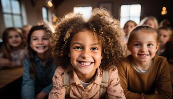 ai generado sonriente niños, felicidad, amistad, educación, juguetón, unión, inocencia, amor generado por ai foto