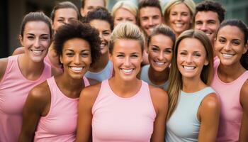 ai generado sonriente mujer en un fila, unión, mirando seguro, unidad generado por ai foto