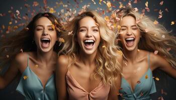AI generated Smiling women enjoy friendship, laughter, and carefree celebration indoors generated by AI photo