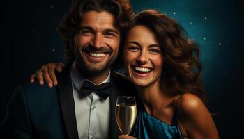 AI generated Smiling men and women celebrate love, happiness, and champagne generated by AI photo