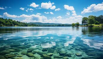 AI generated Tranquil scene  green meadow, reflecting pond, serene mountains, peaceful nature generated by AI photo