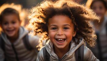 ai generado niños jugando en naturaleza, sonriente y disfrutando el otoño luz de sol generado por ai foto