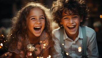 ai generado sonriente niños jugando, reír, disfrutando verano, creando alegre familia recuerdos generado por ai foto