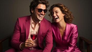 AI generated Smiling couple enjoying wine, love and laughter in luxury nightclub generated by AI photo