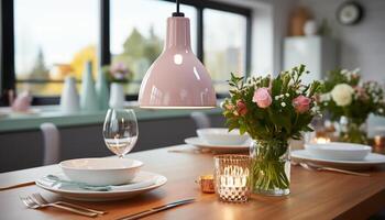 ai generado moderno comida habitación con elegante decoración, madera silla, y flor florero generado por ai foto