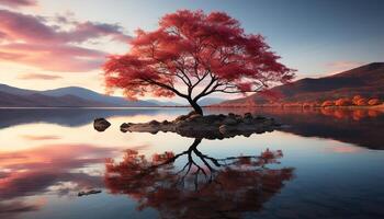 ai generado tranquilo escena puesta de sol refleja en agua, naturaleza belleza en otoño generado por ai foto