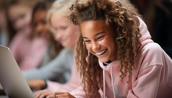 ai generado sonriente niños estudiando juntos, abrazando tecnología para alegre aprendizaje generado por ai foto