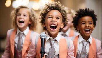 ai generado sonriente niños cantando, alegre músico en escenario, grupo de amigos generado por ai foto