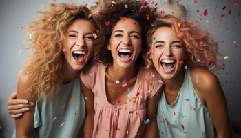 AI generated Fun loving women celebrate with confetti at a joyful party generated by AI photo