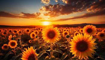 AI generated Sunflower in nature, sunset sky, yellow beauty in rural meadow generated by AI photo