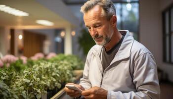 AI generated Confident mature businessman holding mobile phone, smiling with expertise generated by AI photo