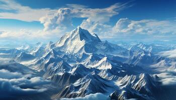 AI generated Majestic mountain peak, snow covered landscape, blue sky, tranquil nature generated by AI photo