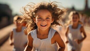 AI generated Smiling child, happiness, cheerful summer fun Girls running, carefree enjoyment generated by AI photo