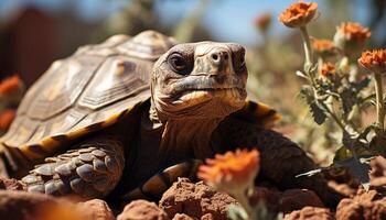 ai generado linda Tortuga gateando, comiendo en naturaleza, lento y en peligro de extinción generado por ai foto