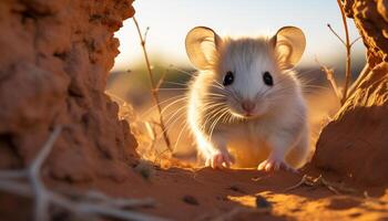 AI generated Cute small mammal sitting in grass, fluffy fur, playful nature generated by AI photo