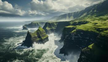 ai generado majestuoso montaña rango, azul cielo, que cae agua, rocoso paisaje generado por ai foto