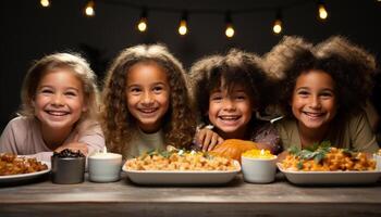 ai generado sonriente muchachas y Niños, alegre y lindo, disfrutando comida juntos generado por ai foto