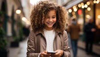 AI generated Smiling young woman outdoors, holding phone, looking at camera generated by AI photo