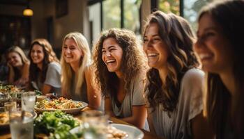 ai generado grupo de amigos disfrutando un despreocupado comida al aire libre, riendo y unión generado por ai foto