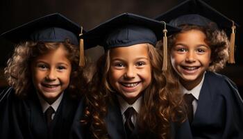 ai generado sonriente niños celebrar éxito, educación trae felicidad y amistad generado por ai foto