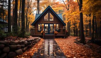 AI generated Tranquil autumn landscape  rustic cabin, colorful foliage, peaceful countryside generated by AI photo