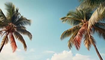 AI generated Tropical palm tree, blue sky, sandy beach, serene vacation generated by AI photo