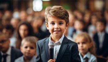 ai generado sonriente Niños y muchachas en un salón de clases aprendizaje felizmente generado por ai foto