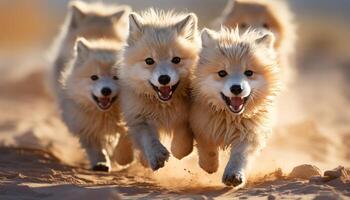 ai generado linda perrito corriendo en arena, jugando con alegre amigos generado por ai foto