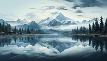 AI generated Majestic mountain peak reflects in tranquil water, nature beauty generated by AI photo