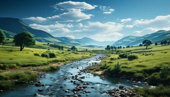 AI generated Tranquil meadow, green grass, flowing water, mountain peak, serene sky generated by AI photo