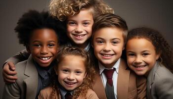 AI generated Group of smiling children looking at camera, radiating happiness and unity generated by AI photo