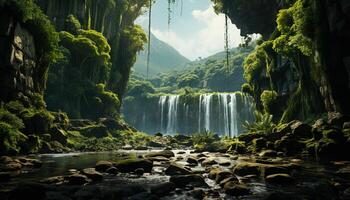 AI generated Tropical rainforest, mountain range, flowing water, tranquil scene, beauty generated by AI photo