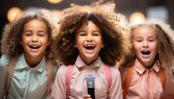 ai generado sonriente muchachas y Niños cantando, alegre y lleno de emoción generado por ai foto