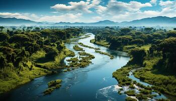 ai generado hermosa paisaje montañas, agua, árboles, reflejando verano belleza generado por ai foto