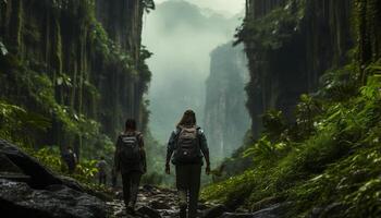 AI generated Men hiking mountain, backpacks, exploring nature, standing on cliff generated by AI photo