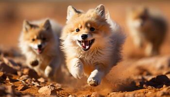 AI generated Cute puppy playing outdoors, running with joy in nature generated by AI photo