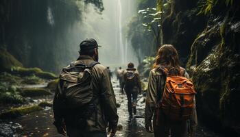 ai generado hombres y mujer excursionismo en el hermosa otoño bosque generado por ai foto