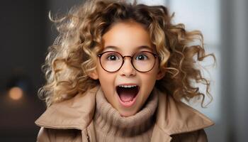 AI generated Cheerful Caucasian girl with curly hair smiling, looking at camera generated by AI photo