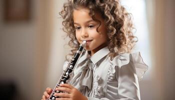 AI generated A cute, curly haired girl playing flute, learning music indoors generated by AI photo