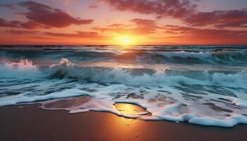 AI generated Sunset over water, nature beauty reflected in tranquil waves generated by AI photo