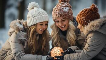 ai generado sonriente mujer en calentar ropa disfrutar invierno al aire libre, abrazando amistad generado por ai foto