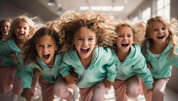 ai generado grupo de niños jugando y sonriente, disfrutando su infancia juntos generado por ai foto