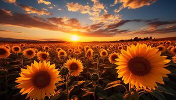 AI generated Sunflower in nature, sunset sky, yellow beauty, vibrant summer meadow generated by AI photo