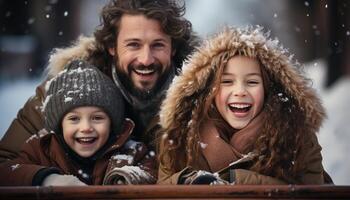 ai generado sonriente familia jugando en el nieve, disfrutando invierno juntos generado por ai foto