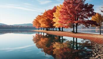 AI generated Tranquil autumn landscape  yellow leaves reflect on peaceful pond generated by AI photo