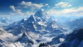 AI generated Majestic mountain peak, snow capped and frozen, in panoramic winter generated by AI photo