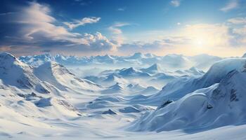 AI generated Snow capped mountains create a breathtaking winter landscape for outdoor adventures generated by AI photo